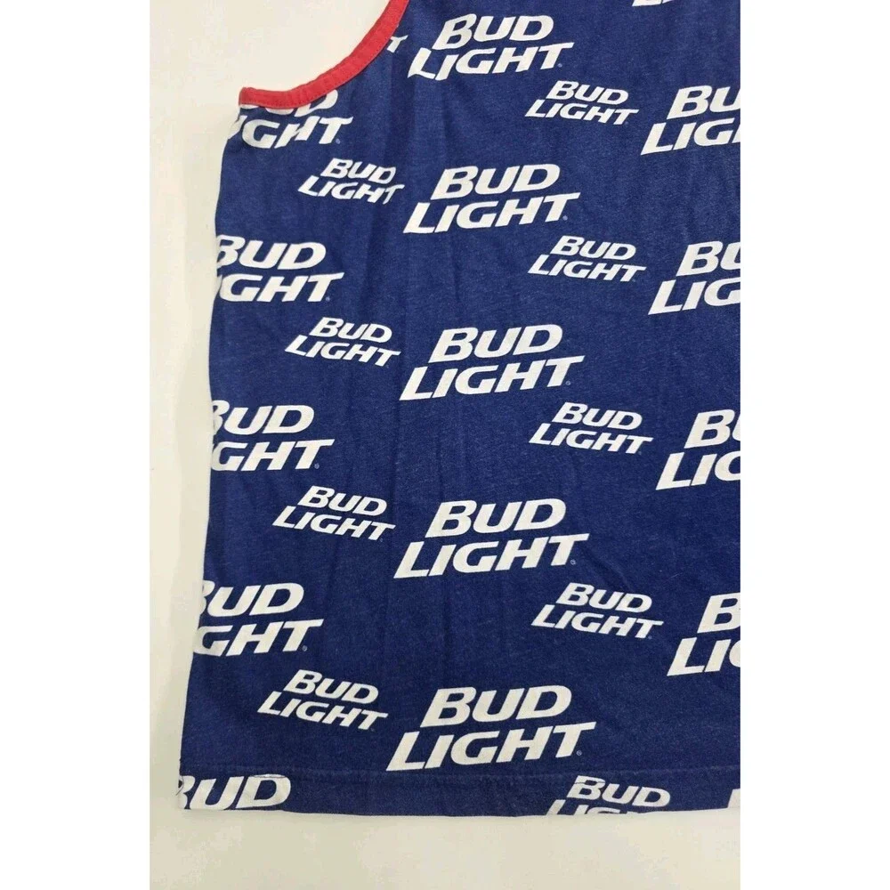 Bud Light Beer Men's Tank Top All Over Print Logo Blue Red Trim Size XL 46/48